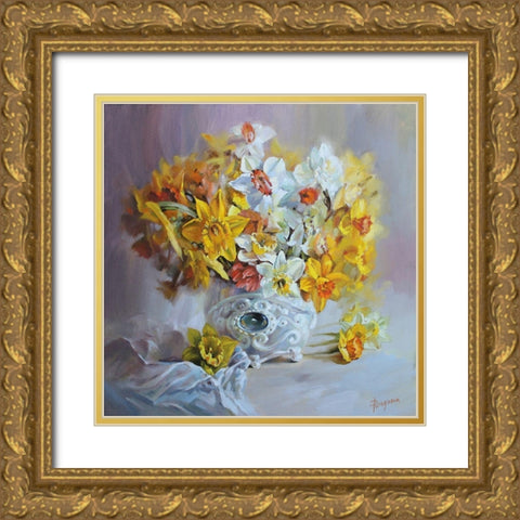 Daffodils in White Vase Gold Ornate Wood Framed Art Print with Double Matting by Rogozina, Svetlana