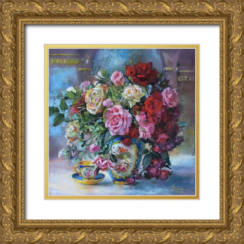 Pink Roses Gold Ornate Wood Framed Art Print with Double Matting by Rogozina, Svetlana