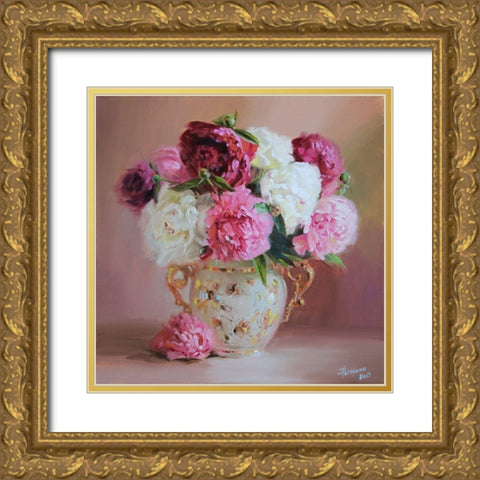 Bouquet of Peonies Gold Ornate Wood Framed Art Print with Double Matting by Rogozina, Svetlana