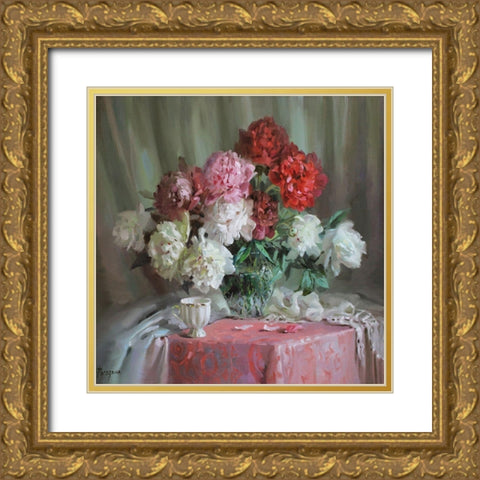 Still Life with Peonies Gold Ornate Wood Framed Art Print with Double Matting by Rogozina, Svetlana