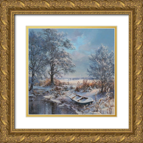 The Bullfinches have arrived Gold Ornate Wood Framed Art Print with Double Matting by Yushkevich, Viktor