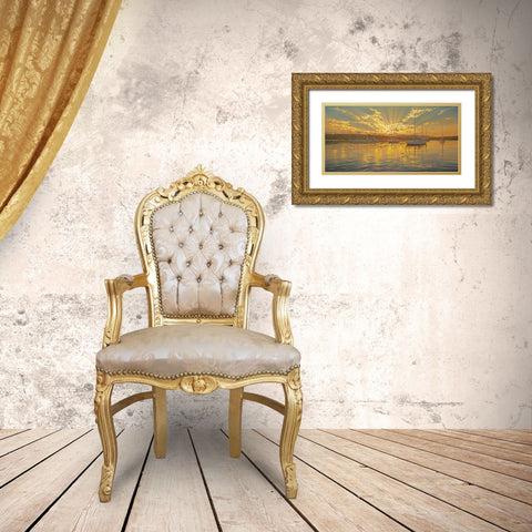 Sails in Harbour by the Sunset Gold Ornate Wood Framed Art Print with Double Matting by Adamov, Alexey