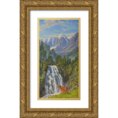 Horses by Waterfall in the Mountains Gold Ornate Wood Framed Art Print with Double Matting by Adamov, Alexey