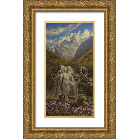 Capricorn by Waterfall in the Mountains Gold Ornate Wood Framed Art Print with Double Matting by Adamov, Alexey