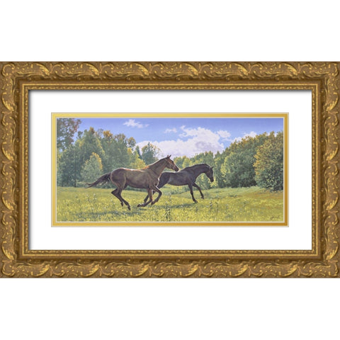Running Horses Gold Ornate Wood Framed Art Print with Double Matting by Adamov, Alexey
