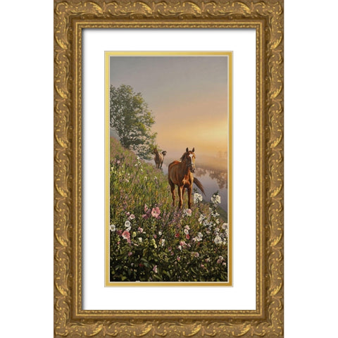 Horses by River Don Gold Ornate Wood Framed Art Print with Double Matting by Adamov, Alexey