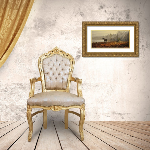Landscape with a Horse Gold Ornate Wood Framed Art Print with Double Matting by Adamov, Alexey