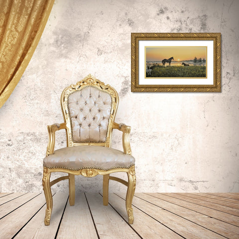Horses by Sunrise Gold Ornate Wood Framed Art Print with Double Matting by Adamov, Alexey