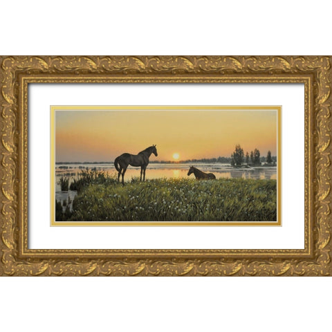 Horses by Sunrise Gold Ornate Wood Framed Art Print with Double Matting by Adamov, Alexey