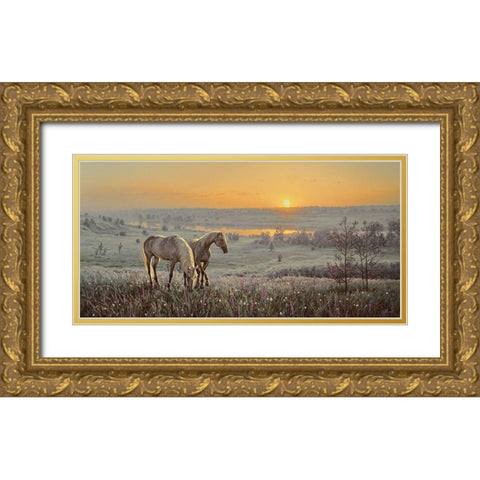 Horses by Sunrise  Gold Ornate Wood Framed Art Print with Double Matting by Adamov, Alexey