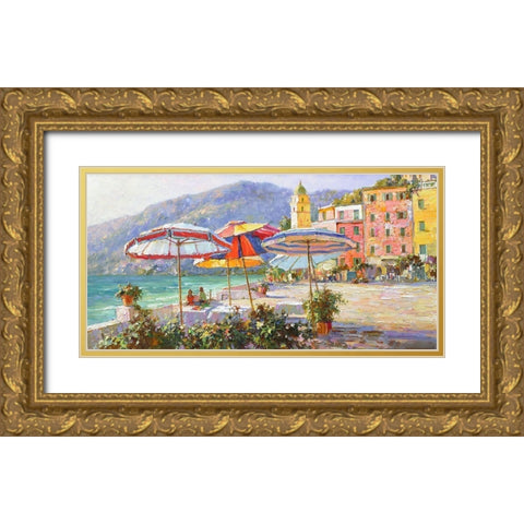 Umbrellas by the Sea Gold Ornate Wood Framed Art Print with Double Matting by Obuchovsky, Yury