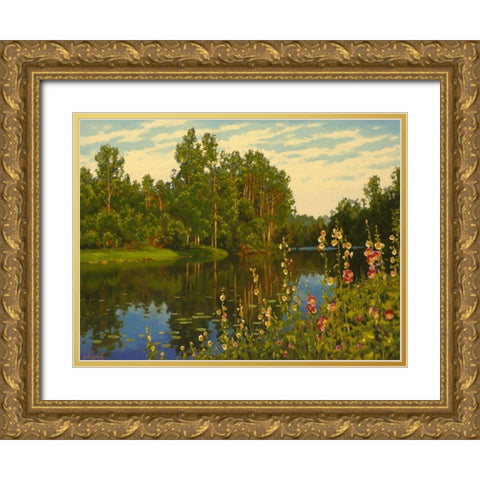 Flowers by the River Gold Ornate Wood Framed Art Print with Double Matting by Adamov, Alexey