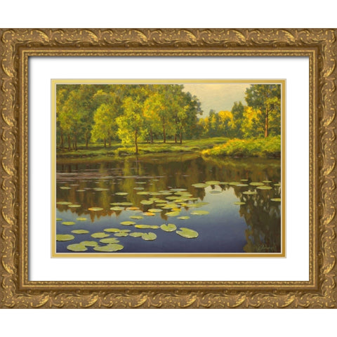 Water Lilies on the River II Gold Ornate Wood Framed Art Print with Double Matting by Adamov, Alexey