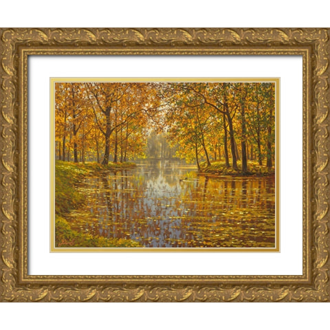 River in Golden Autumn Gold Ornate Wood Framed Art Print with Double Matting by Adamov, Alexey