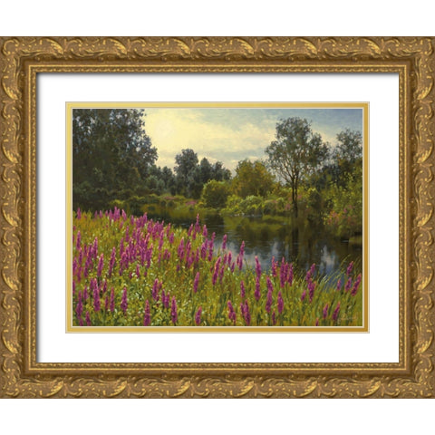 Lupins by the River Gold Ornate Wood Framed Art Print with Double Matting by Adamov, Alexey