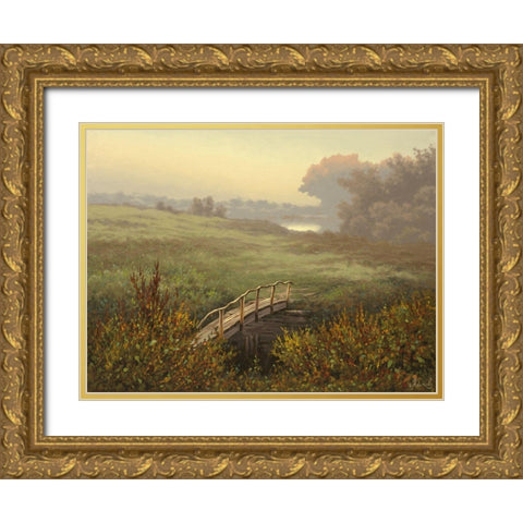 Old Wood Bridge over Stream Gold Ornate Wood Framed Art Print with Double Matting by Adamov, Alexey