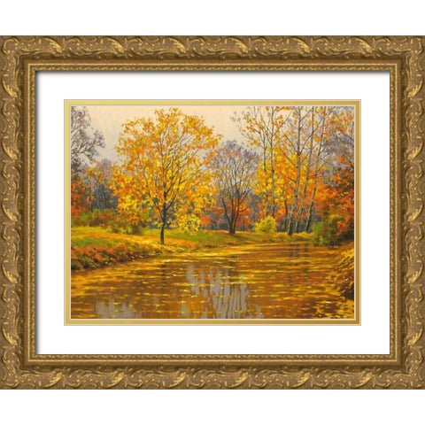 River in Golden Autumn II Gold Ornate Wood Framed Art Print with Double Matting by Adamov, Alexey