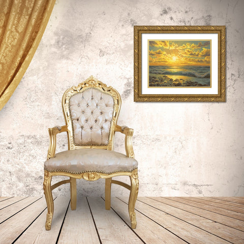 Sunset over the  Sea with Seagulls Gold Ornate Wood Framed Art Print with Double Matting by Adamov, Alexey