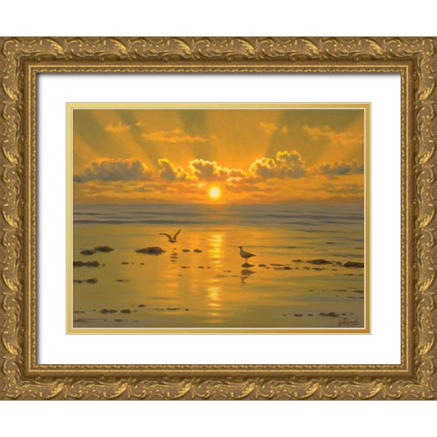 Sunset over the  Sea with Seagulls III Gold Ornate Wood Framed Art Print with Double Matting by Adamov, Alexey