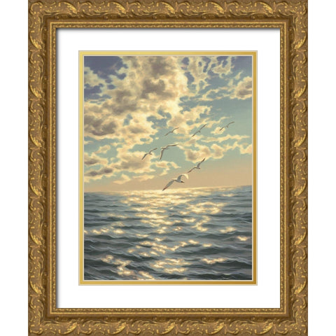 Seagulls Gold Ornate Wood Framed Art Print with Double Matting by Adamov, Alexey