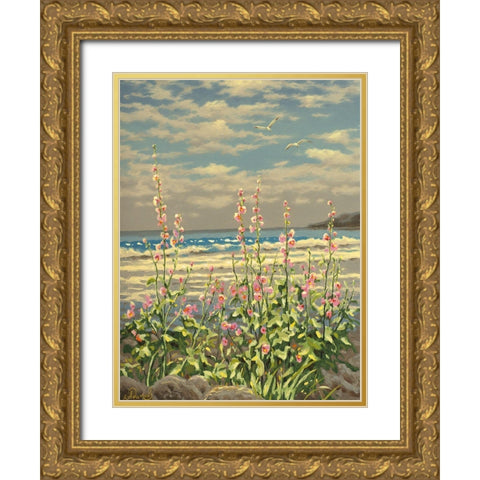Pink Flowers by the Sea Gold Ornate Wood Framed Art Print with Double Matting by Adamov, Alexey