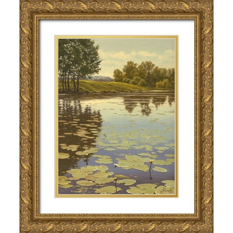 Water Lilies on the River V Gold Ornate Wood Framed Art Print with Double Matting by Adamov, Alexey