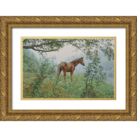 Landscape with a Horse Gold Ornate Wood Framed Art Print with Double Matting by Adamov, Alexey