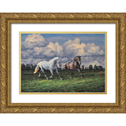 Horses after the Rain Gold Ornate Wood Framed Art Print with Double Matting by Adamov, Alexey