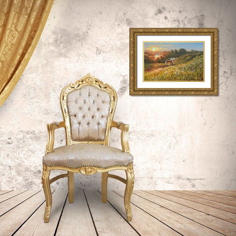 Horse by Sunrise Gold Ornate Wood Framed Art Print with Double Matting by Adamov, Alexey