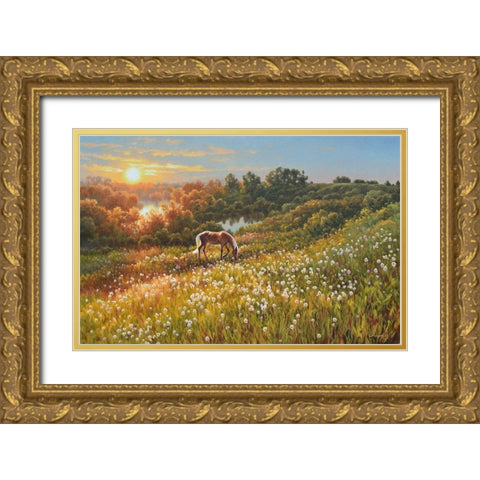 Horse by Sunrise Gold Ornate Wood Framed Art Print with Double Matting by Adamov, Alexey