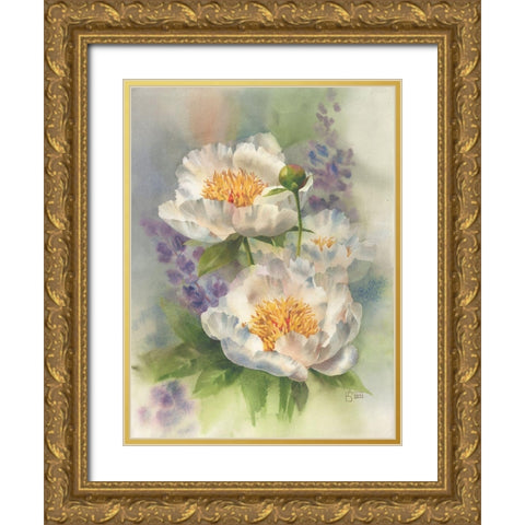 White Peonies Gold Ornate Wood Framed Art Print with Double Matting by Besedina, Anastasiia