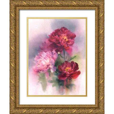 Burgundy and Pink Peonies Gold Ornate Wood Framed Art Print with Double Matting by Besedina, Anastasiia