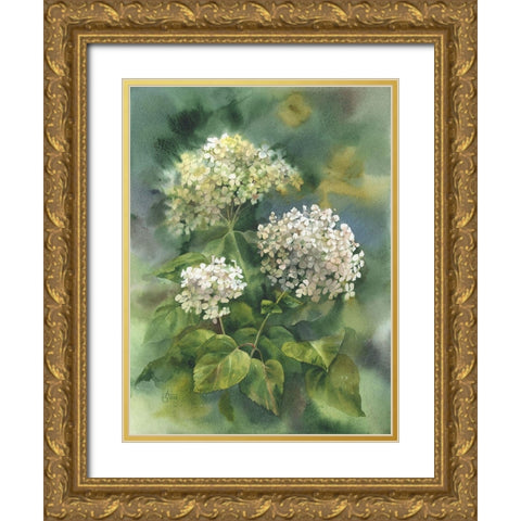 White Hydrangeas Gold Ornate Wood Framed Art Print with Double Matting by Besedina, Anastasiia