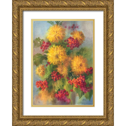 Rowen Berry and Golden Balls Gold Ornate Wood Framed Art Print with Double Matting by Besedina, Anastasiia