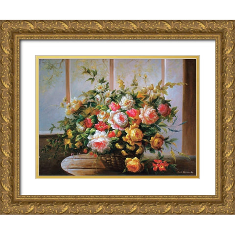 Peonies in Basket Gold Ornate Wood Framed Art Print with Double Matting by Tustanowska, Beata
