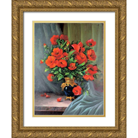 Red Poppies Gold Ornate Wood Framed Art Print with Double Matting by Artov, Sergei
