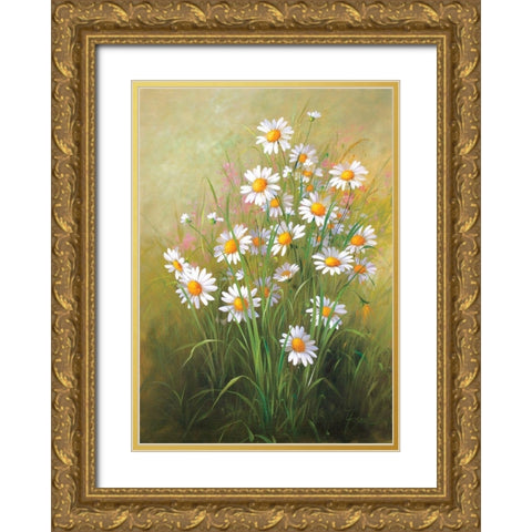 White Flowers Gold Ornate Wood Framed Art Print with Double Matting by Fasani