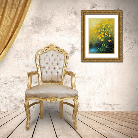 Yellow Flowers Gold Ornate Wood Framed Art Print with Double Matting by Fasani