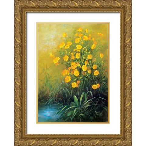 Yellow Flowers Gold Ornate Wood Framed Art Print with Double Matting by Fasani