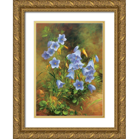 Blue Flowers Gold Ornate Wood Framed Art Print with Double Matting by Fasani