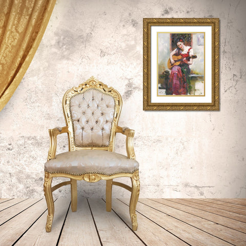 A Girl with Guitar Gold Ornate Wood Framed Art Print with Double Matting by Noches, Fernando