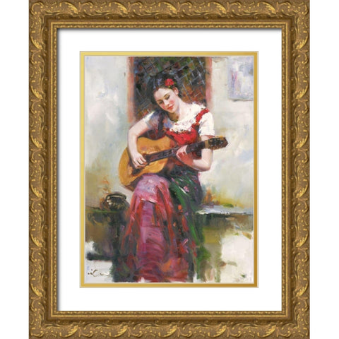 A Girl with Guitar Gold Ornate Wood Framed Art Print with Double Matting by Noches, Fernando