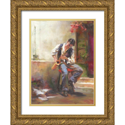 A Boy with Trumpet Gold Ornate Wood Framed Art Print with Double Matting by Noches, Fernando