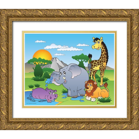 Happy African Animals Gold Ornate Wood Framed Art Print with Double Matting by Viskova, Klara