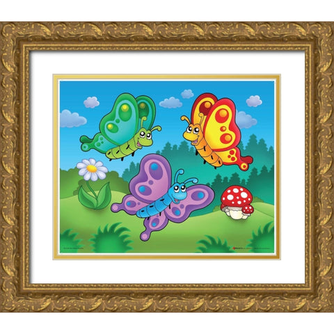 Happy Butterflies Gold Ornate Wood Framed Art Print with Double Matting by Viskova, Klara