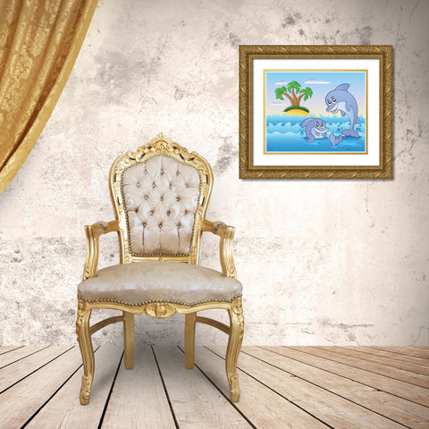 Happy Dolphins Gold Ornate Wood Framed Art Print with Double Matting by Viskova, Klara