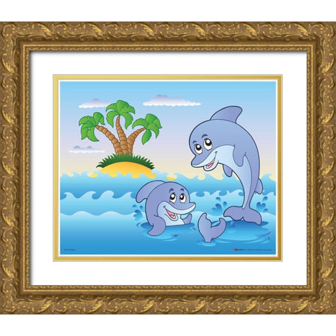 Happy Dolphins Gold Ornate Wood Framed Art Print with Double Matting by Viskova, Klara
