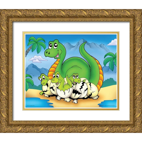 Lucky Dinosaur with Babes Gold Ornate Wood Framed Art Print with Double Matting by Viskova, Klara