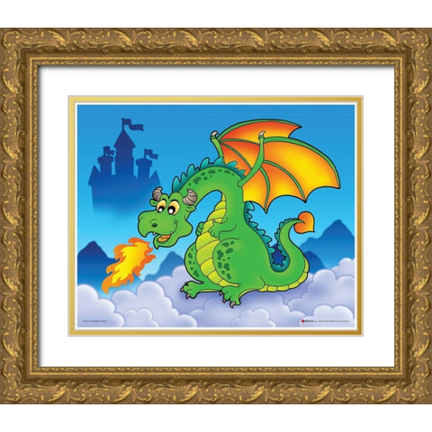 Happy Green Dragon Gold Ornate Wood Framed Art Print with Double Matting by Viskova, Klara
