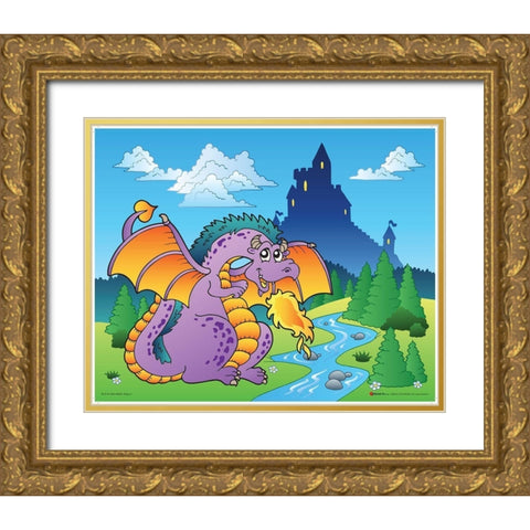 Happy Pink Dragon Gold Ornate Wood Framed Art Print with Double Matting by Viskova, Klara